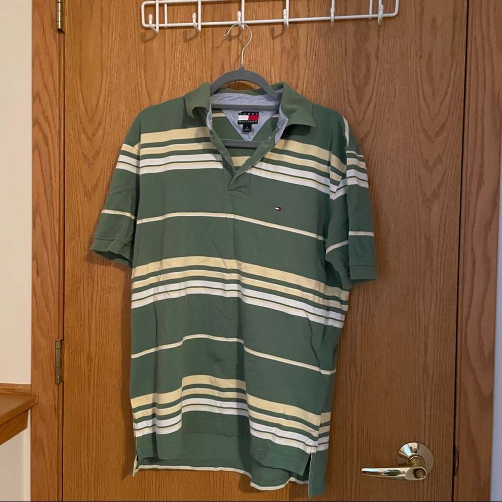 Men’s Tommy Hilfiger Polo T-Shirt, Green, Yellow, White. Size: Medium